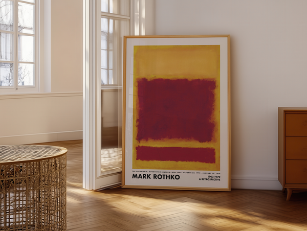 Abstrakt plakat i dybe røde og gyldne farver inspireret af Mark Rothkos farvefelter – perfekt til moderne indretning og kunstneriske billedvægge.