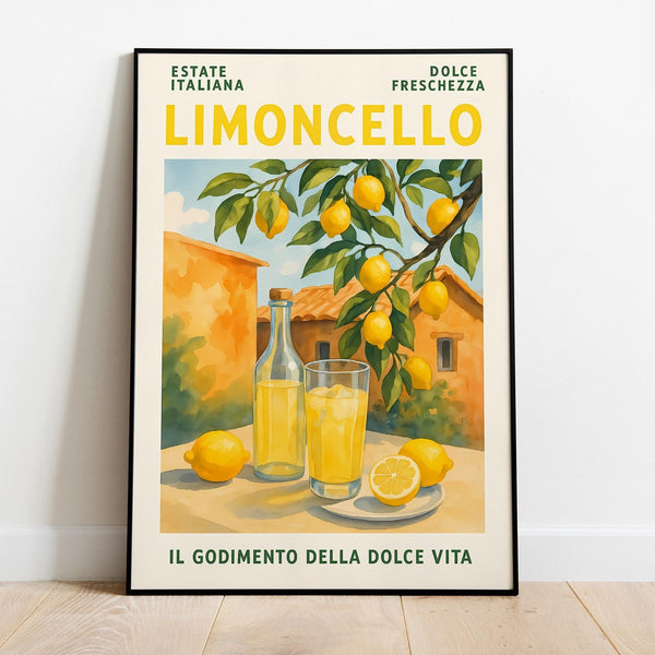 Retro plakat med Limoncello, citroner og italiensk baggrund – vintage stil med sommerlig stemning og tekst “Il Godimento della Dolce Vita”.