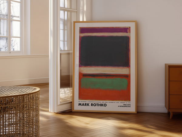Abstrakt plakat med mørke og farverige felter i lilla, sort, grøn og orange inspireret af Mark Rothkos ikoniske farvekompositioner.