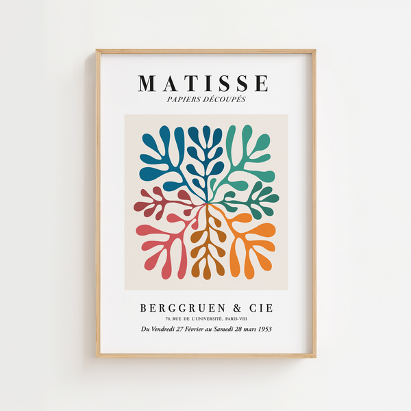 Matisse plakat med farverige organiske bladformer i blå, grøn, rød og orange – inspireret af Matisse’ papirklipkunst.