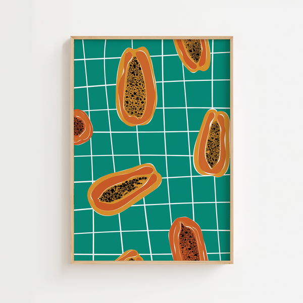 Green Papaya plakat med papayafrugter på grøn ternet baggrund – tropisk og moderne frugt plakat.