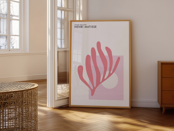 Pink Coral Matisse plakat i rosa og lyserøde nuancer – moderne vægkunst inspireret af Henri Matisse’ papirklip.