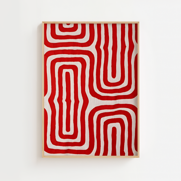 Red Maze Plakat med røde abstrakte linjer i grafisk mønster – moderne kunstplakat til hjem og billedvæg.