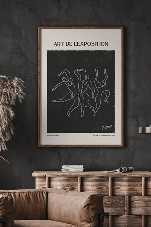 Picasso plakat med dansende figurer i sort hvid – kunstplakat med fransk tekst og grafisk udtryk.
