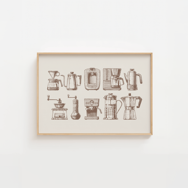 Opdag Coffee Machines Plakat, den ideelle plakat til køkkenet. Denne stilfulde plakat fremhæver forskellige kaffemaskiner og fanger kaffens essens. 
