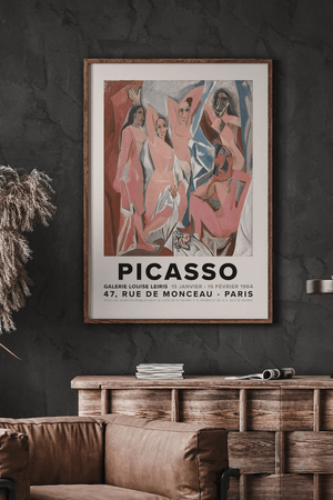 Farverig Picasso plakat med Les Demoiselles d'Avignon motiv i kubistisk stil og fransk udstillingstekst.