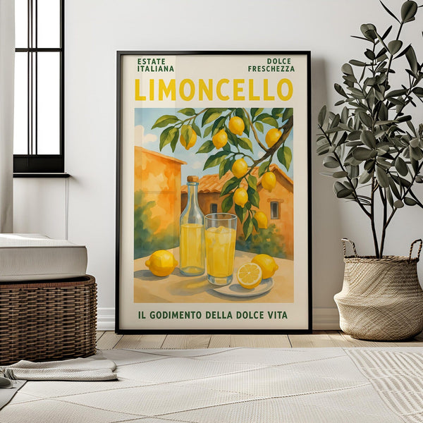 Retro plakat med Limoncello, citroner og italiensk baggrund – vintage stil med sommerlig stemning og tekst “Il Godimento della Dolce Vita”.