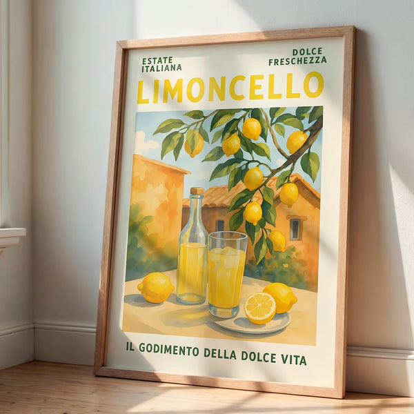 Retro plakat med Limoncello, citroner og italiensk baggrund – vintage stil med sommerlig stemning og tekst “Il Godimento della Dolce Vita”.