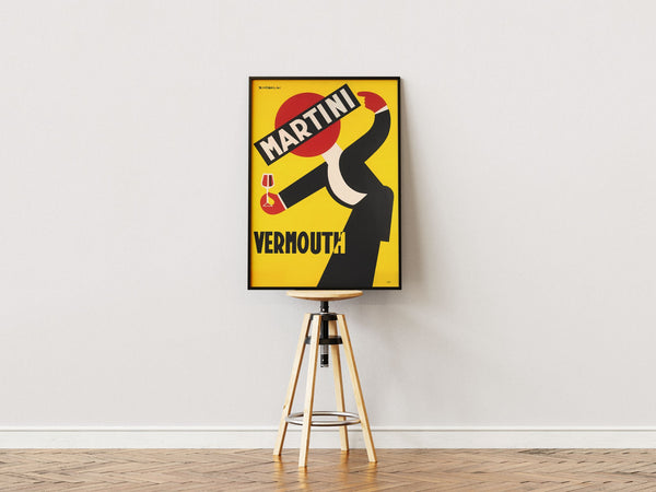 Vintage reklameplakat med Martini Vermouth i gul og sort retro stil