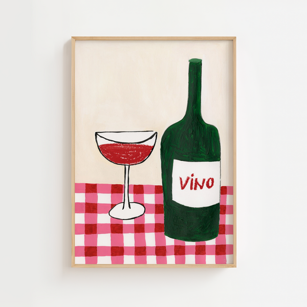 Illustration af rødvin i glas og grøn vinflaske med teksten ‘Vino’ på rød/hvid ternet dug – italiensk vinplakat.